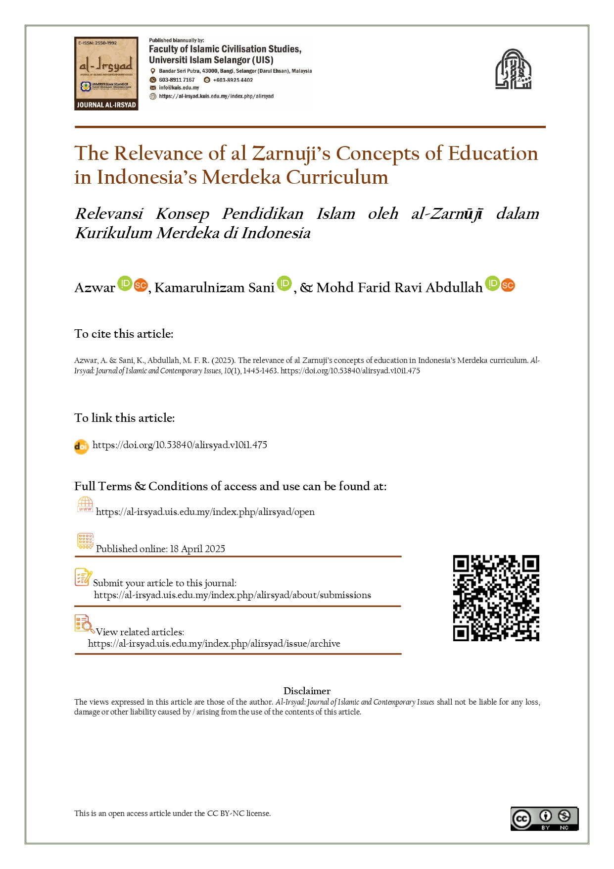 The Relevance of al Zarnuji’s Concepts of Education in Indonesia’s Merdeka Curriculum