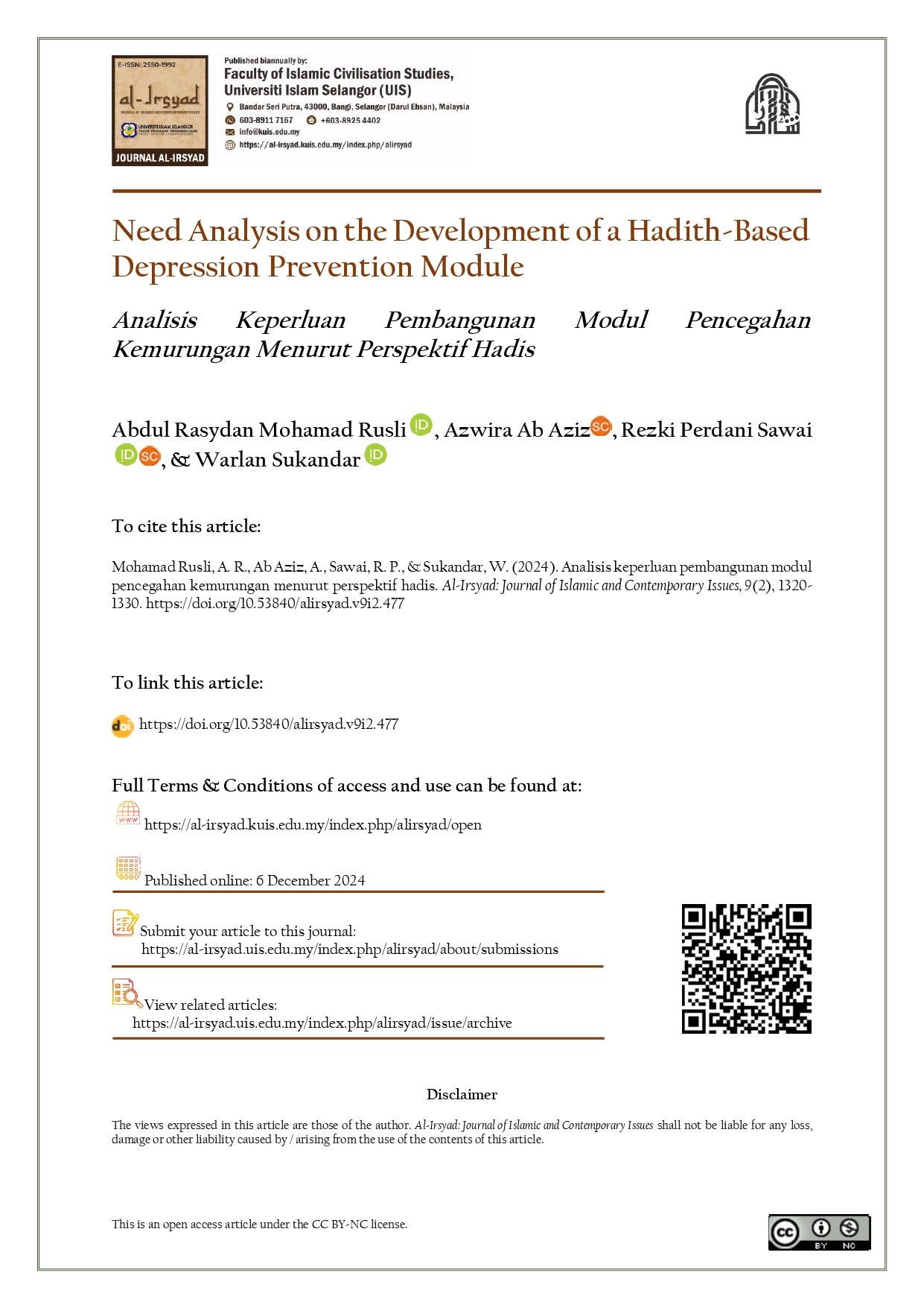 Need Analysis on the Development of a Hadith-Based Depression Prevention Module
