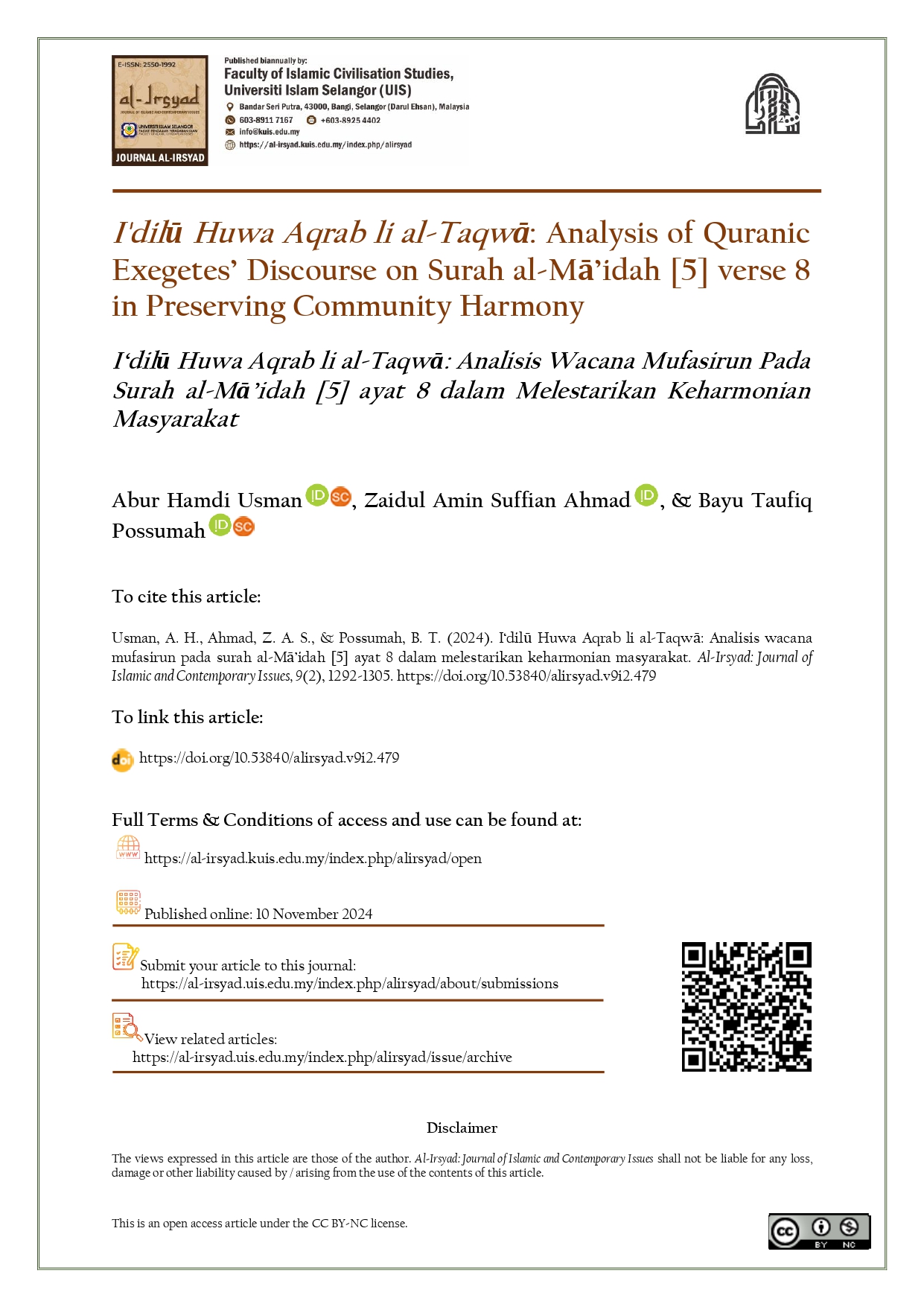 I'dilū Huwa Aqrab li al-Taqwā: Analysis of Quranic Exegetes’ Discourse on Surah al-Mā’idah [5] verse 8 in Preserving Community Harmony