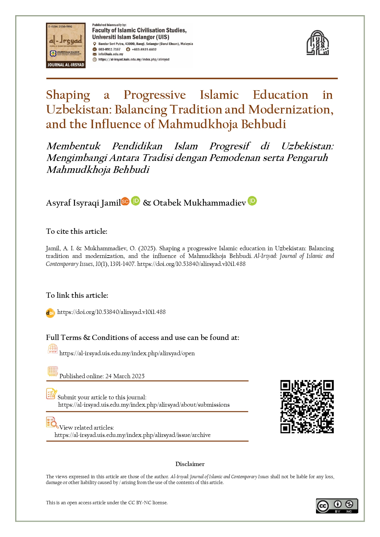 Shaping a Progressive Islamic Education in Uzbekistan: Balancing Tradition and Modernization, and the  Influence of Mahmudkhoja Behbudi