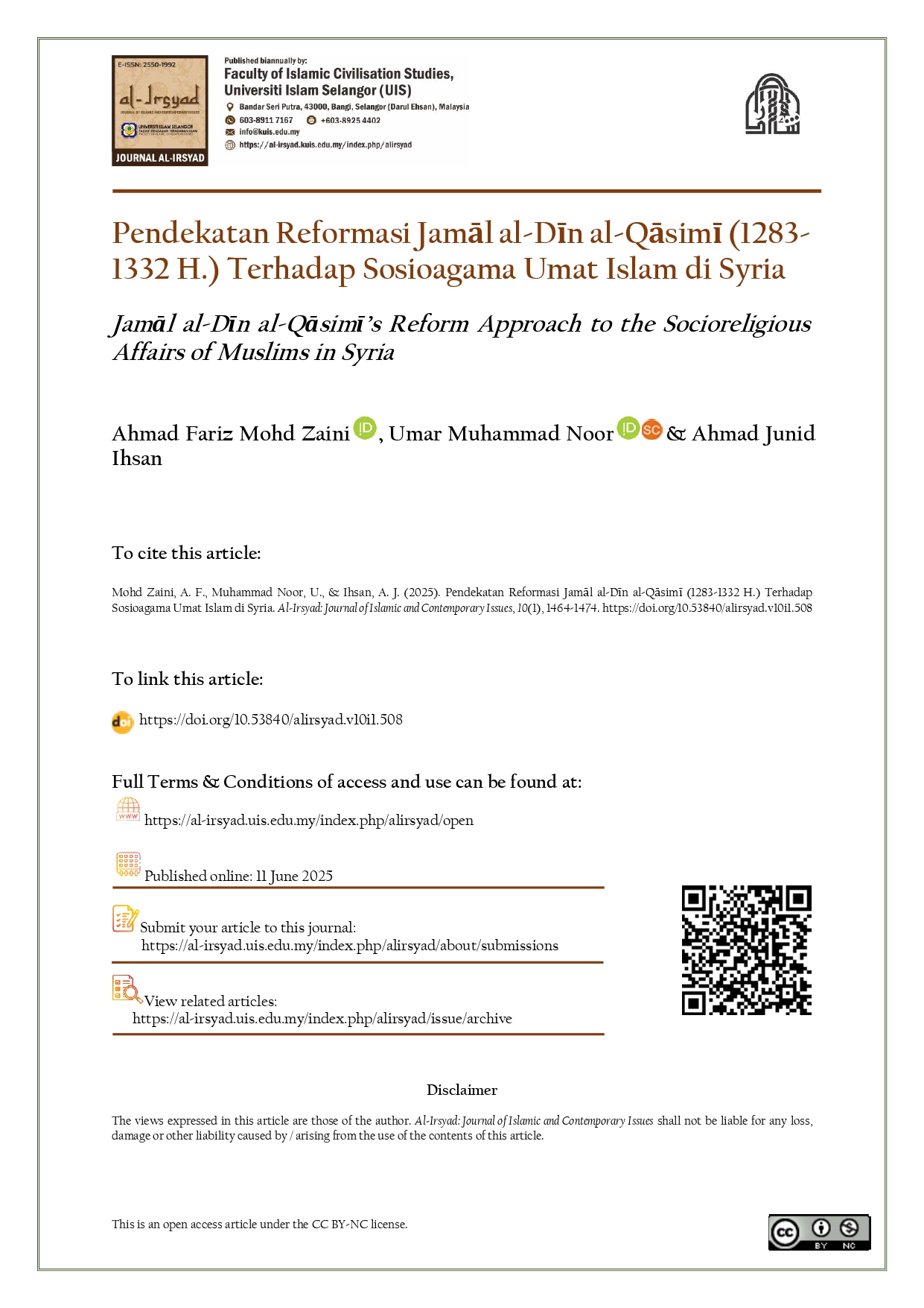 Jamāl al-Dīn al-Qāsimī’s Reform Approach to the Socioreligious Affairs of Muslims in Syria