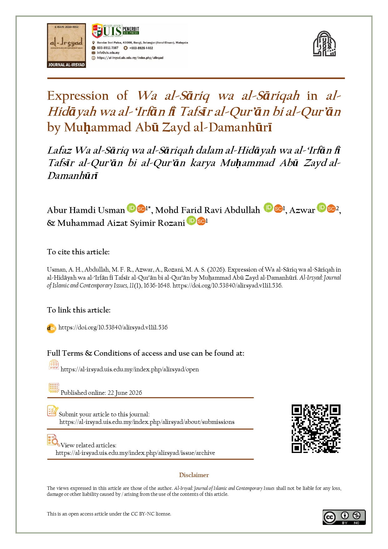 Expression of Wa al-Sāriq wa al-Sāriqah in al-Hidāyah wa al-‘Irfān fī Tafsīr al-Qur’ān bi al-Qur’ān by Muḥammad Abū Zayd al-Damanhūrī