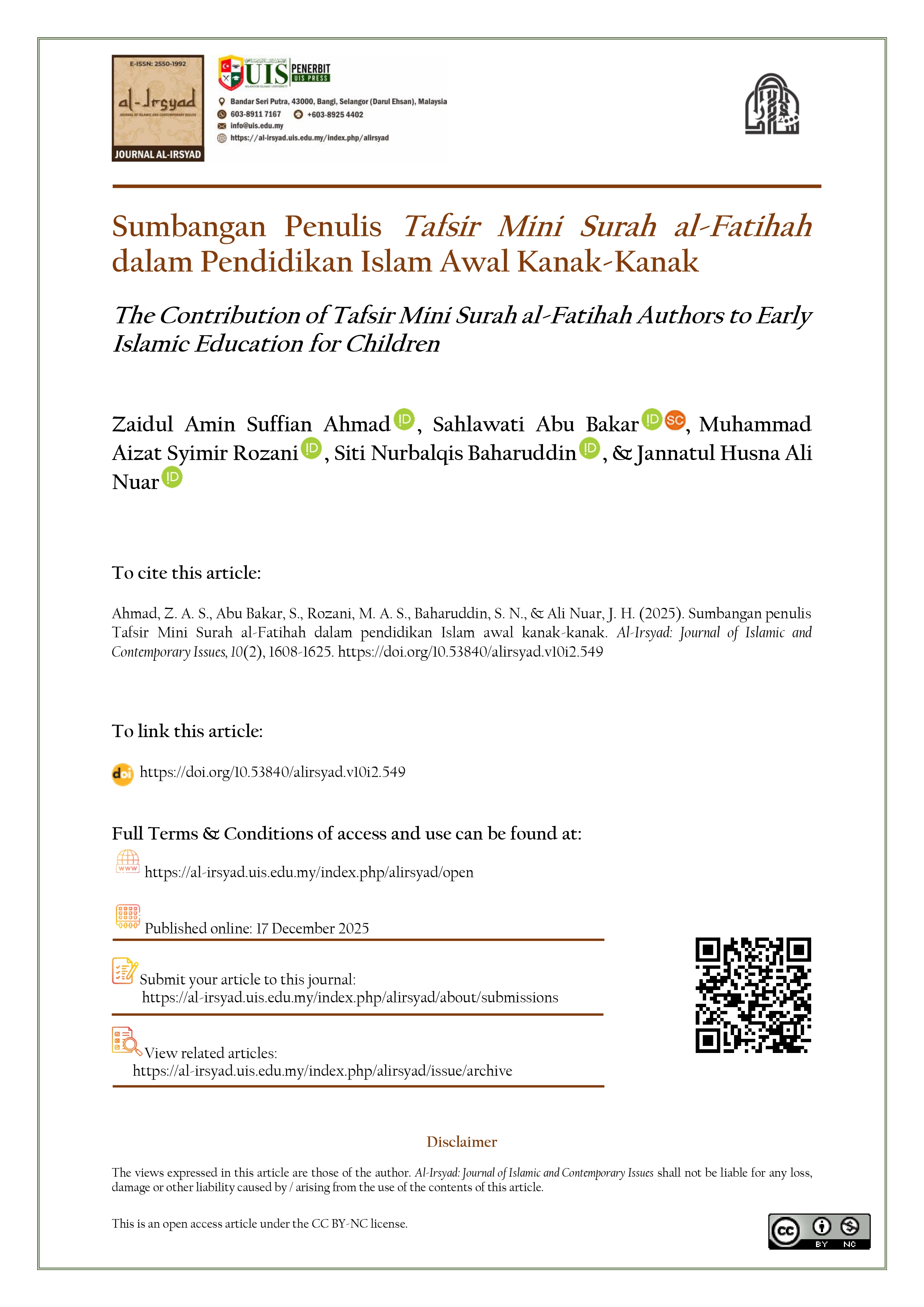 The Contribution of Tafsir Mini Surah al-Fatihah Authors to Early Islamic Education for Children