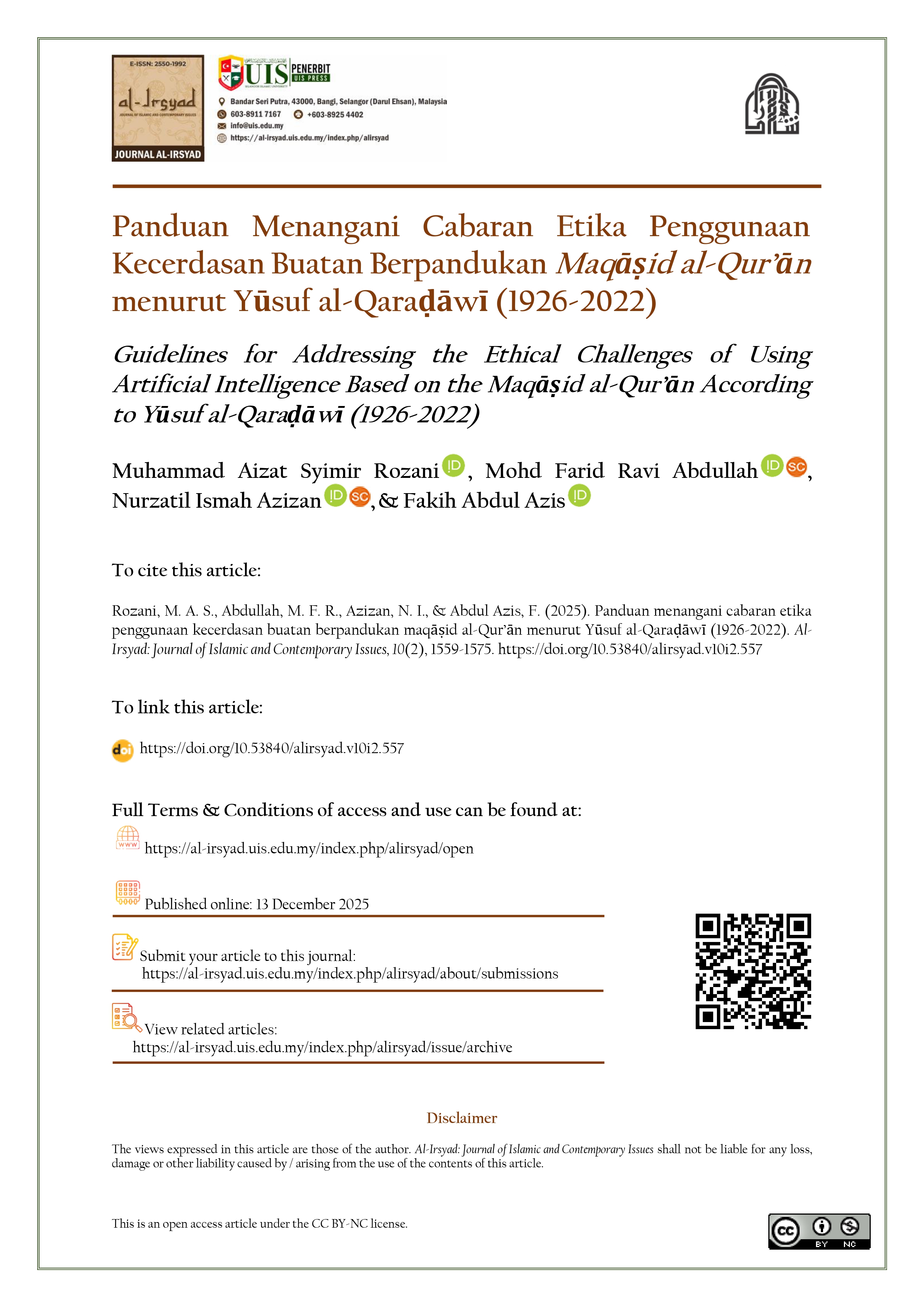 Guidelines for Addressing the Ethical Challenges of Using Artificial Intelligence Based on the Maqāṣid al-Qur’ān