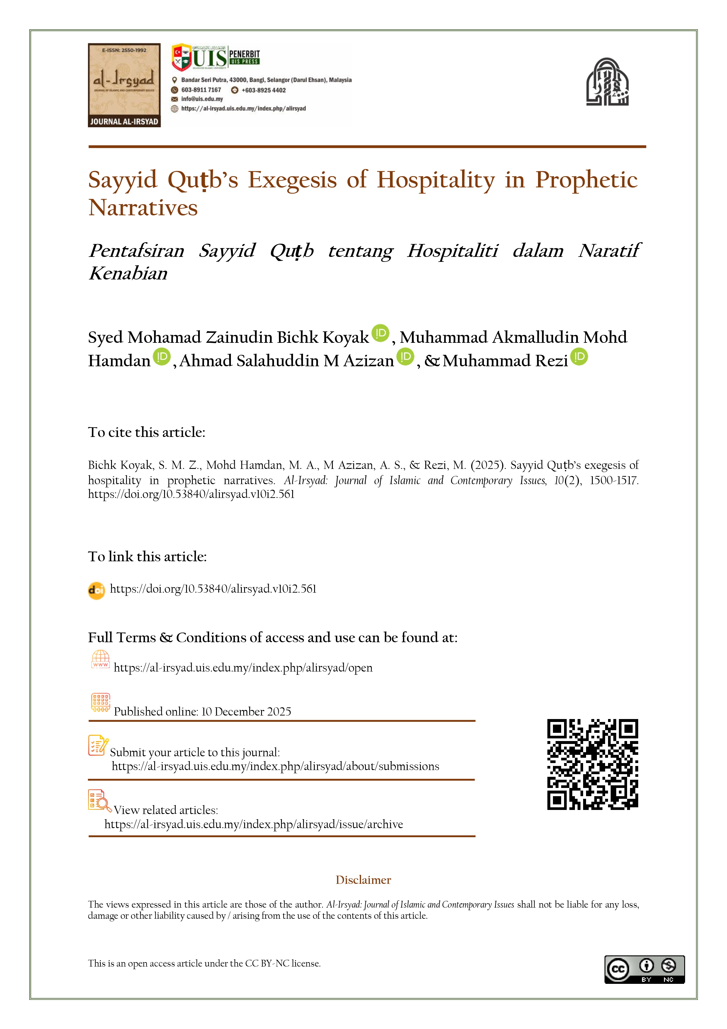 Sayyid Quṭb’s Exegesis of Hospitality in Prophetic Narratives